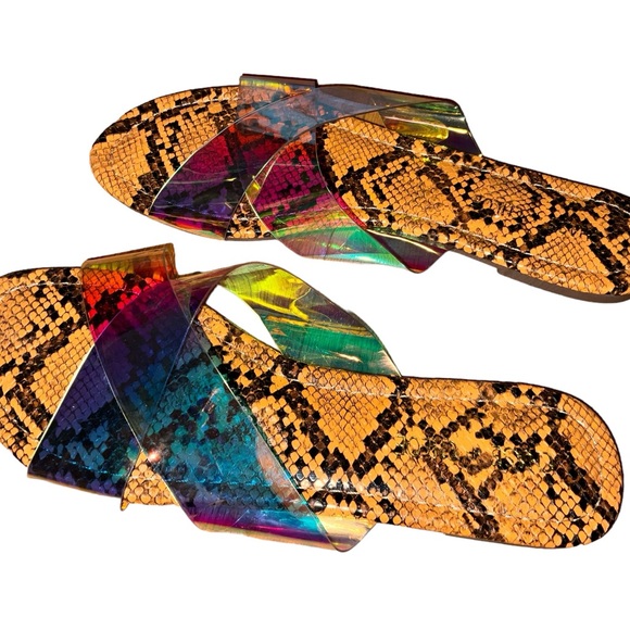 Vibrant Clear Criss-Cross Slides With Animal Print Soles - Picture 2 of 8